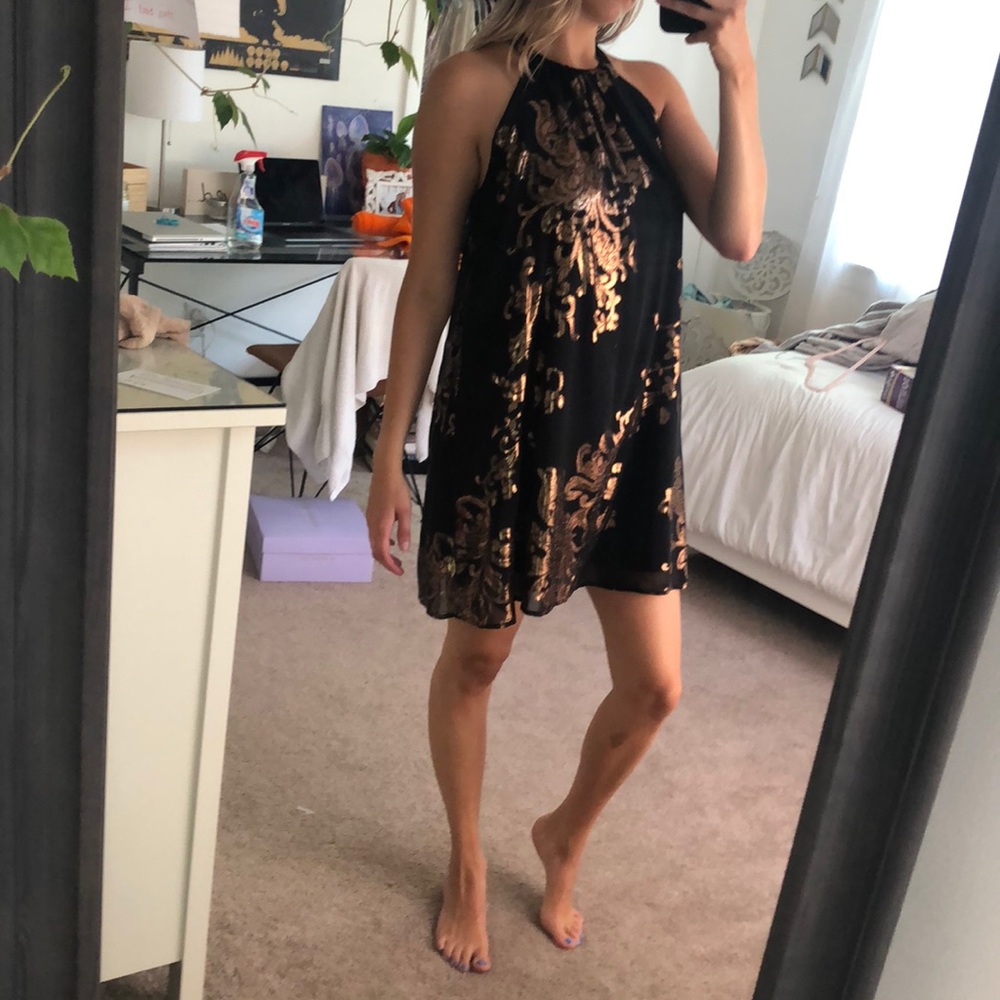 Mini black and gold-printed dress